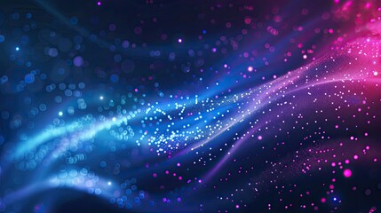 A vibrant abstract background with flowing waves and sparkling particles in blue and pink hues.