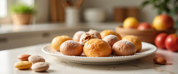 Delicious traditional pastries displayed on a plate during Chinese New Year celebration in a cozy kitchen