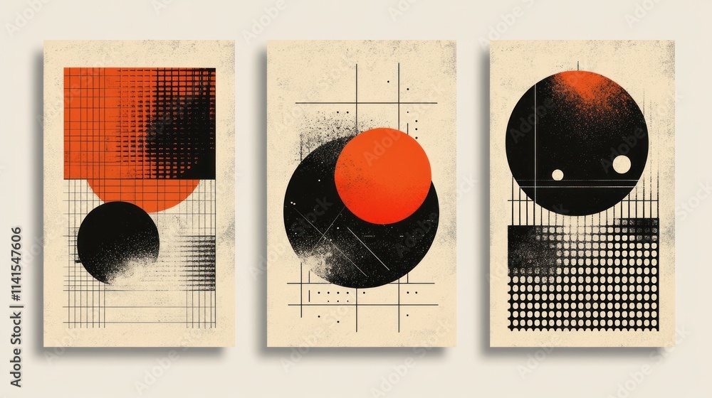 Poster Abstract geometric art featuring circles and grids in black and red tones.