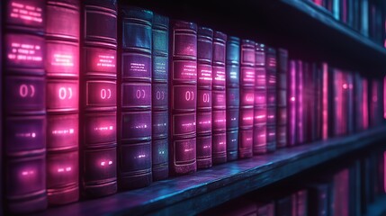 Fototapeta premium A vibrant library with glowing books in neon colors, showcasing digital and traditional reading.