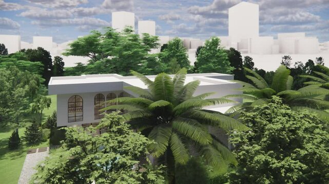 Modern house exterior with garden  landscape .3D rendering model of the building.3d animation render isometric floor plan of modern contemporary house.