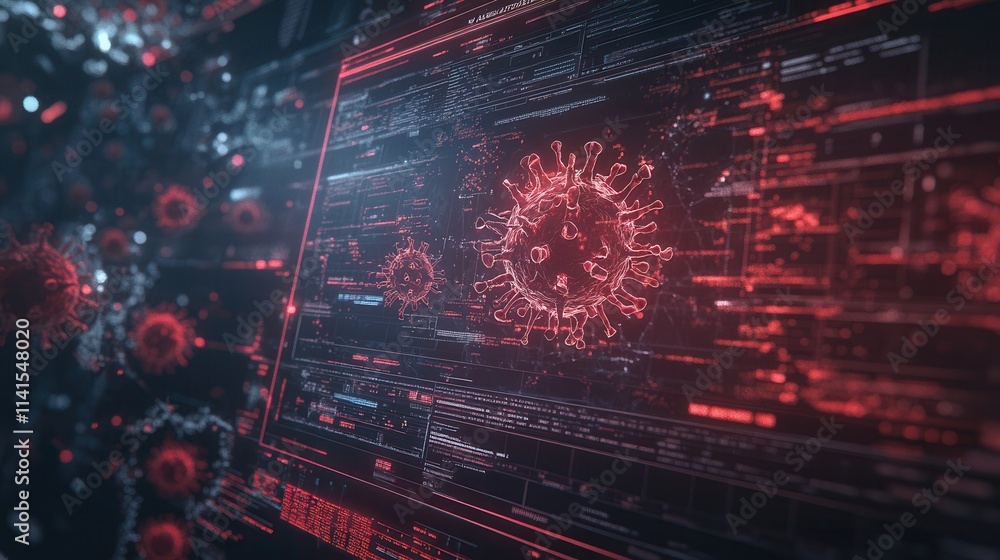 Fototapete A futuristic digital visualization depicting virus structures amidst high-tech graphical interfaces and data streams.