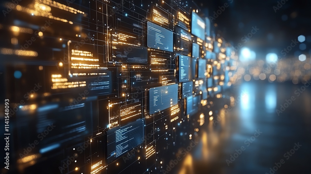 Poster futuristic digital wall showcasing glowing data structures and network connections.