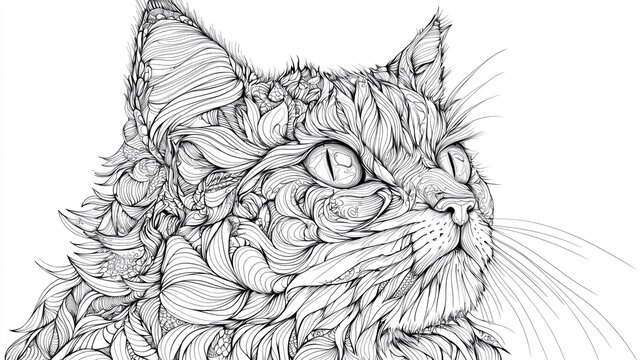 Intricate Zentangle Cat  Line Art  Black and White  Animal Portrait