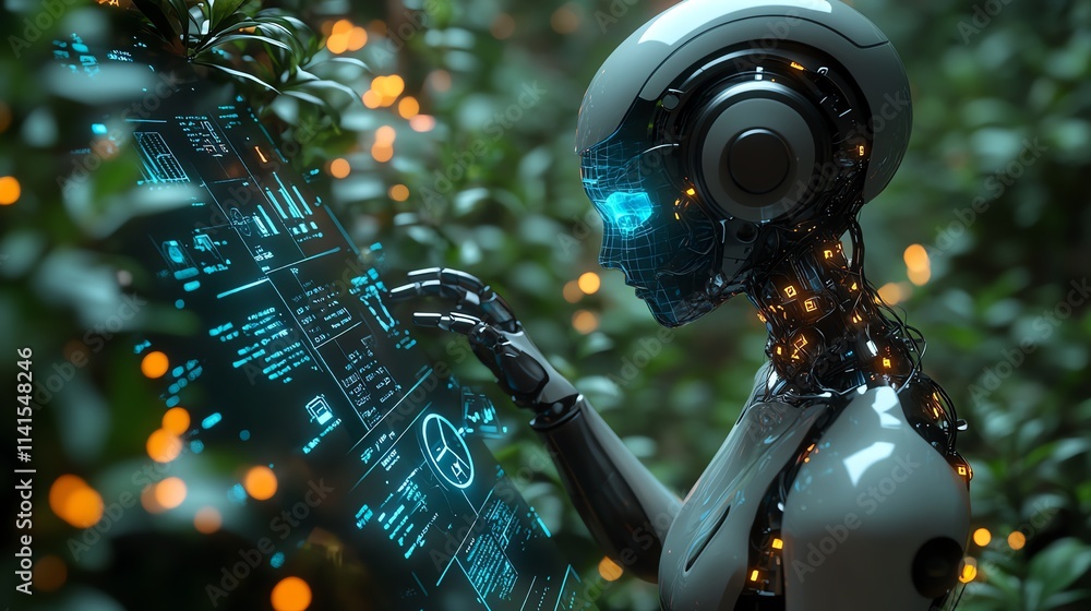 Poster futuristic robot interacting with digital display in a lush green environment.