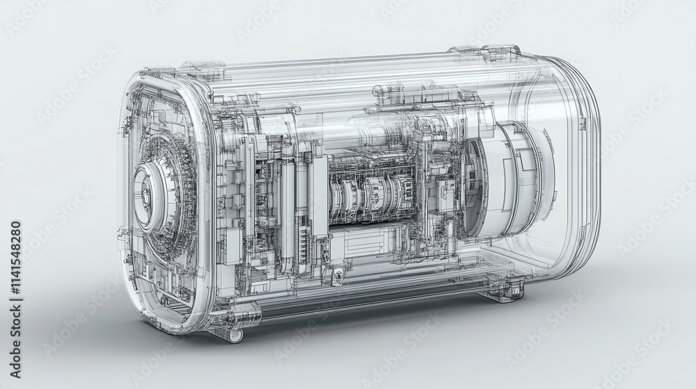 Poster A transparent, intricate 3D rendering of a technical device, showcasing its inner components and design in a modern, minimalist style.
