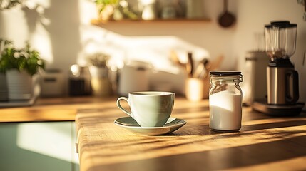 Obraz premium A coffee cup and a sugar jar sitting on a wooden kitchen counter with soft daylight