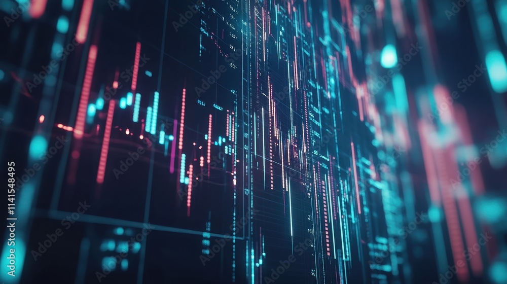 Poster abstract digital data visualization with neon light effects