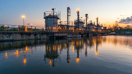Industrial facility by the water at sunset, showcasing machinery and reflections.