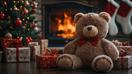 Teddy bear and gifts box on christmas holiday festive background 