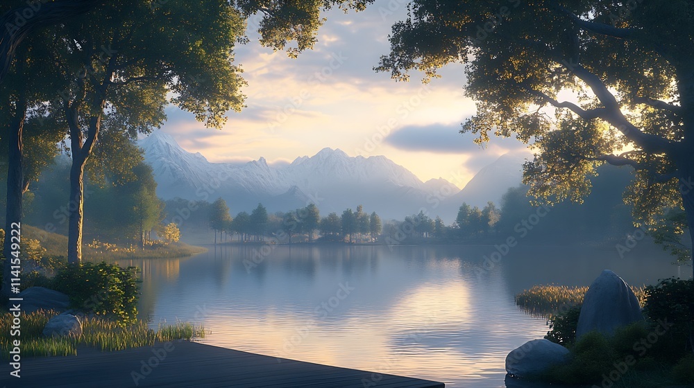 Poster scenic mountain lake at sunrise with mist and sunlight filtering through trees : generative ai