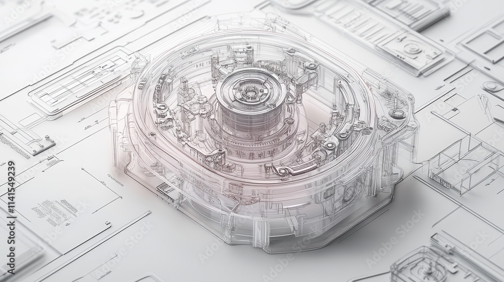 Aufkleber A detailed architectural rendering of a complex structure, showcasing intricate designs overlaid on a blueprint background.