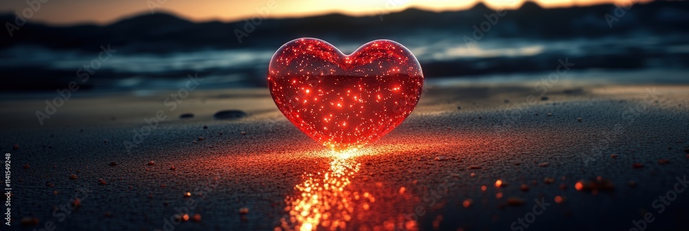 Poster glowing red heart on black beach background at dusk with sparkling luminescence reflecting softly ov
