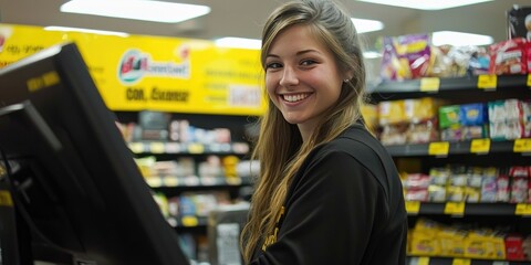 A smiling cashier ringing up purchases at a Dollar General checkout counter.
