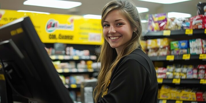 A smiling cashier ringing up purchases at a Dollar General checkout counter.