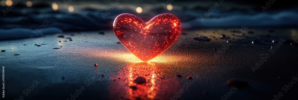 Poster heart-shaped object with luminescent red glow on a black sandy beach at night with ocean waves and s
