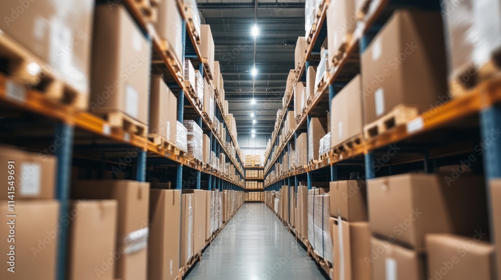 Poster aisle view of a large warehouse filled with stacked cardboard boxes ready for storage and shipping i