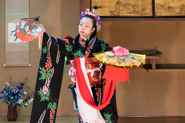 着物姿で扇子を持って日本舞踊を踊る若い日本人女性