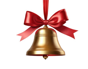 A golden bell with a red ribbon, isolated on a transparent background. Perfect for holiday, Christmas, and festive-themed designs.