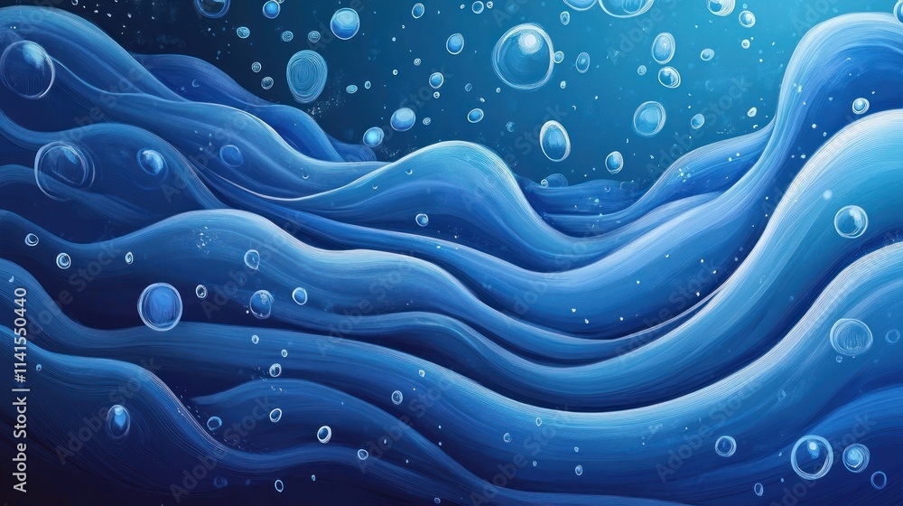 Poster abstract representation of underwater waves with bubbles, creating a serene aquatic atmosphere.