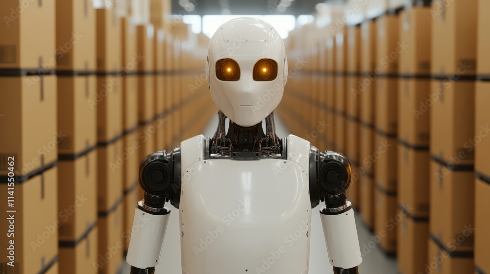 Aufkleber modern robot in warehouse surrounded by cardboard boxes, showcasing advanced technology and automati