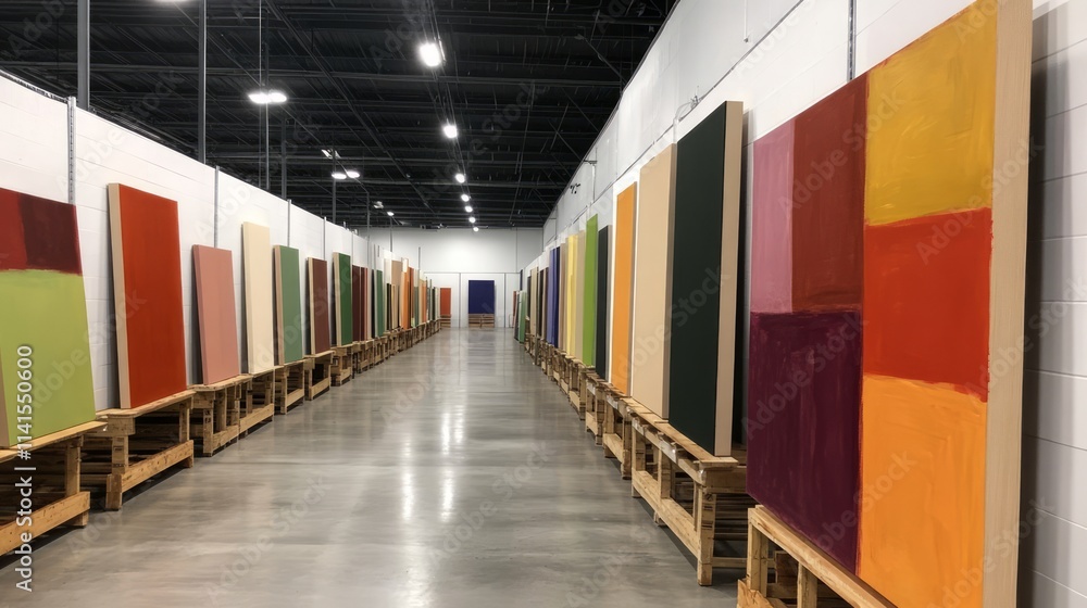 Poster spacious art gallery showcasing a vibrant collection of large abstract paintings on display, invitin
