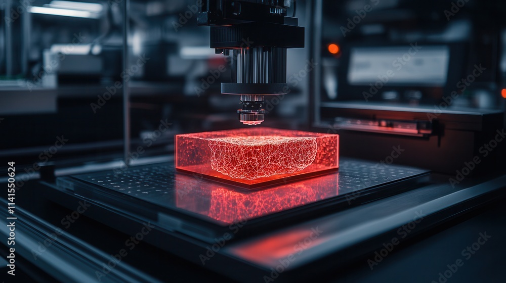 Poster A high-tech machine is precisely processing a glowing red object on a sleek platform, showcasing modern technology in a laboratory setting.