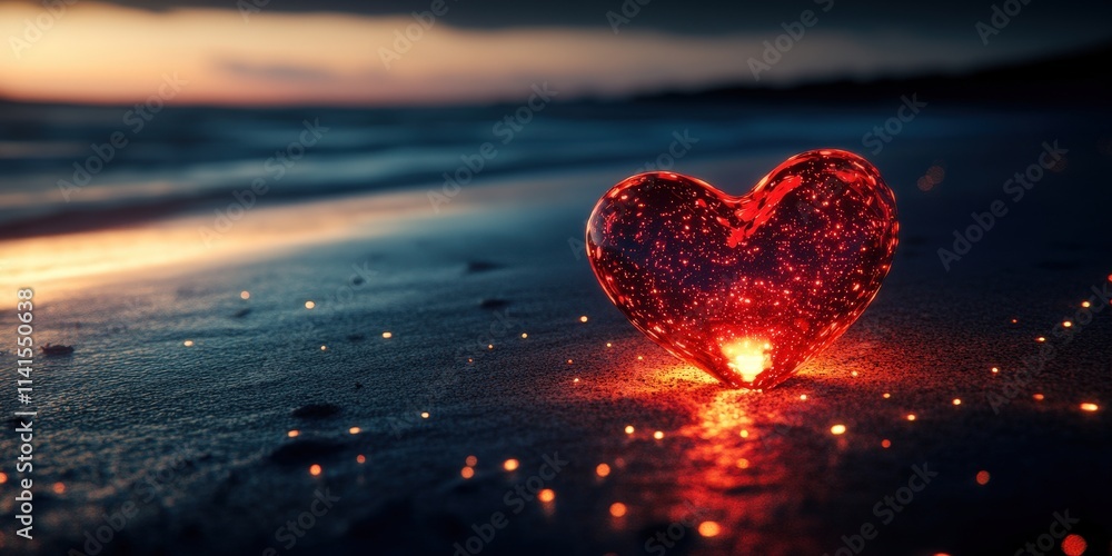 Poster glowing red heart on a beach at dusk with black background and luminescent sparkles in 3d, perfect f