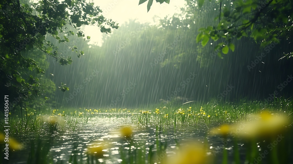 Aufkleber lush rainfall over meadow with blooming flowers creating a natural serene atmosphere : generative ai
