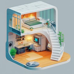 Unique isometric tiny smart home design interior concept modern environment artistic viewpoint topaz theme