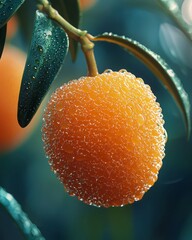 Fresh Orange Droplet Close-Up on Citrus Tree Branch with Leaves