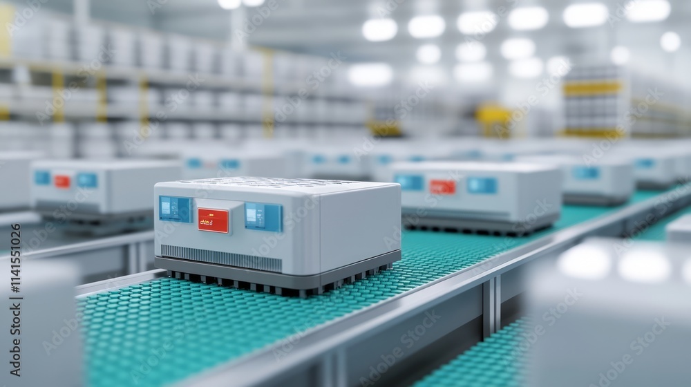Poster advanced automated warehouse system with robotic storage units on a conveyor belt in a modern distri
