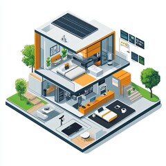 Obraz premium Innovative isometric smart home design with integrated technology modern living room urban setting digital art