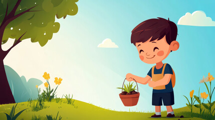 Good deeds day celebration with a smiling boy planting a tree in a sunny spring meadow. Flat illustration. Horizontal banner. Copy space