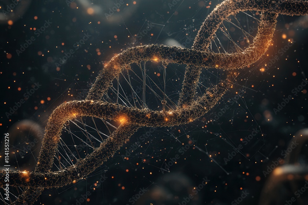 Poster a stunning close-up of a dna double helix, glowing with golden particles against a dark background, 