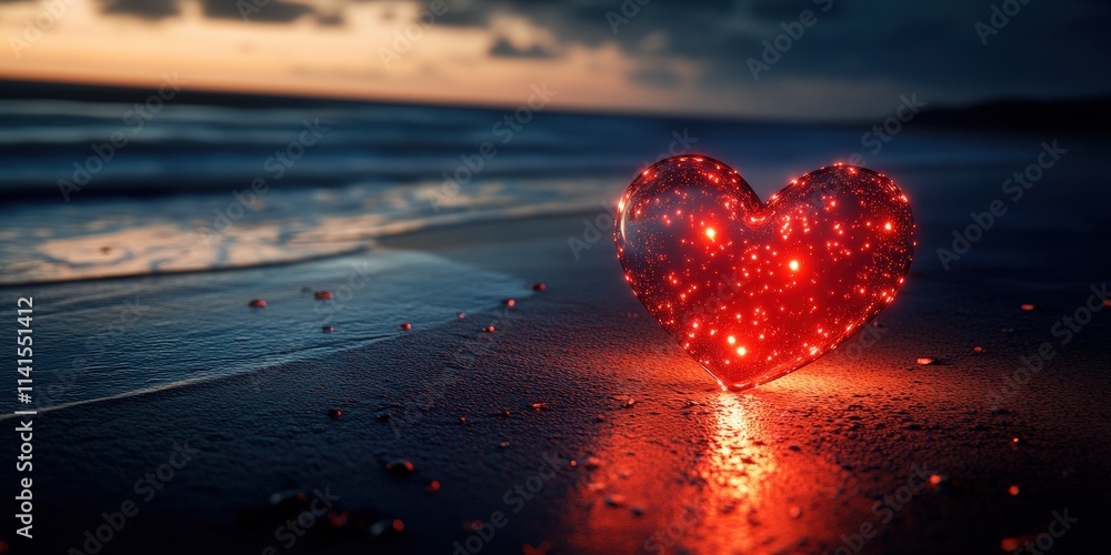 Poster red luminescent heart on black beach background at sunset with waves and clouds in 3d rendering aest