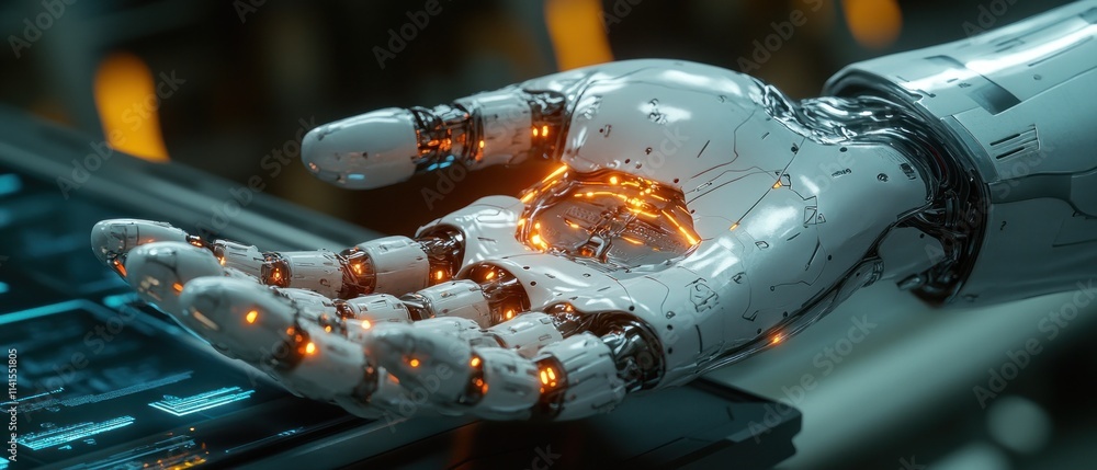 Poster robotic hand with glowing elements digital interface