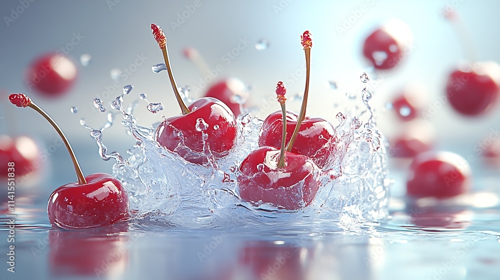 Poster fresh red cherries splashing into water with vivid bubbles and motion : generative ai