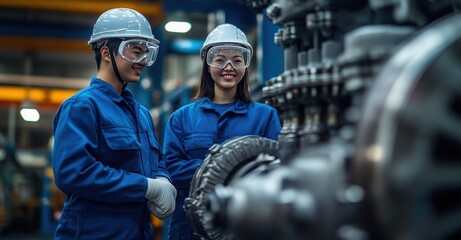 Young engineers collaborating on machinery in a modern industrial facility during the day