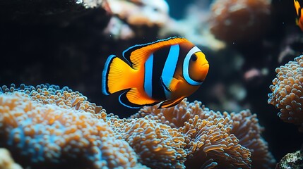 Vibrant Clownfish Navigating Colorful Coral Reefs in Pristine Underwater World : Generative AI
