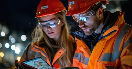 Construction workers analyze project plans at night while wearing safety gear in an urban environment