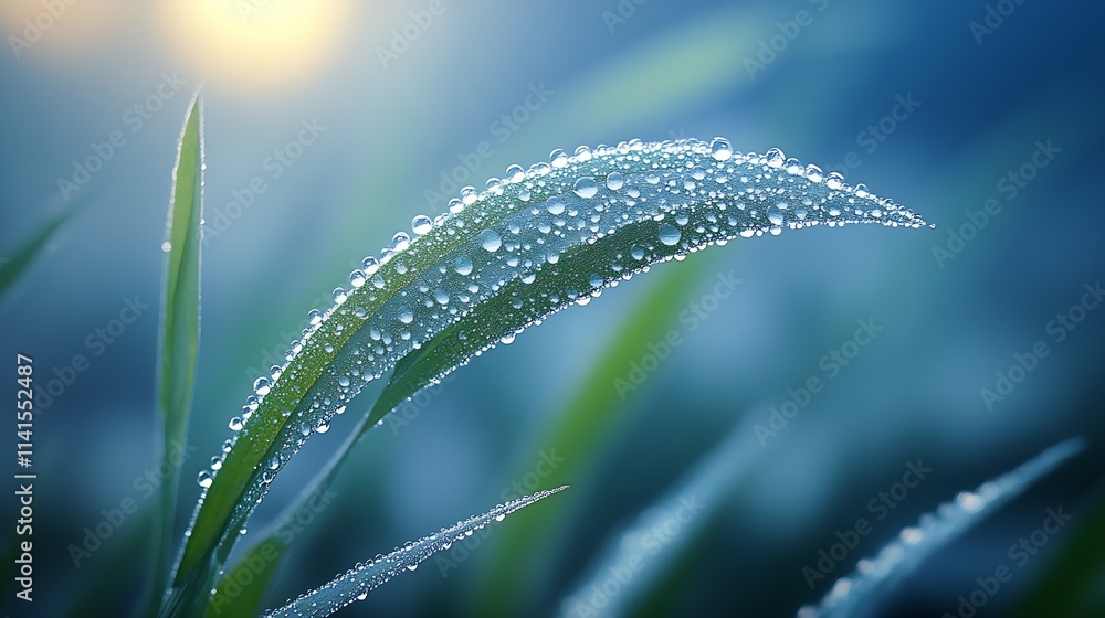 Poster closeup of dew covered leaf capturing morning light in a tranquil nature setting : generative ai