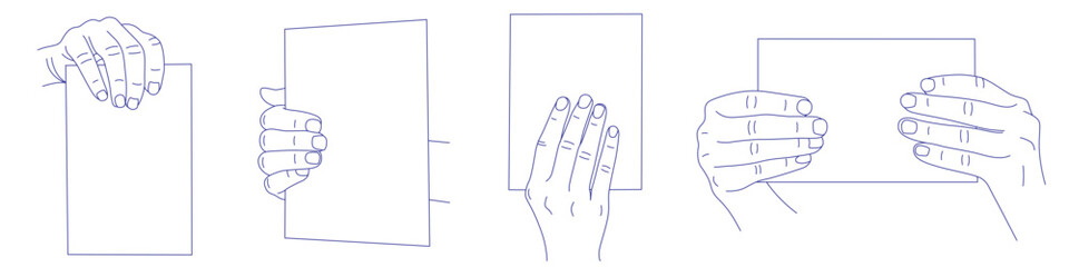 Hand holding a sheet of paper. Contour vector illustration set. Index, middle, ring, little fingers and thumb
