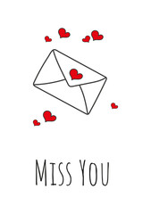 Simple Doodle Card with Envelope and Red Hearts. Poster Template with Text for Valentine's Day, Birthday, Mother's, Women. Hand Drawn Minimal Banner. Design Concept Vector Illustration.