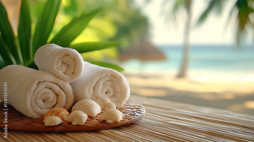 Poster tropical spa retreat with rolled towels and seashells on bamboo table : generative ai