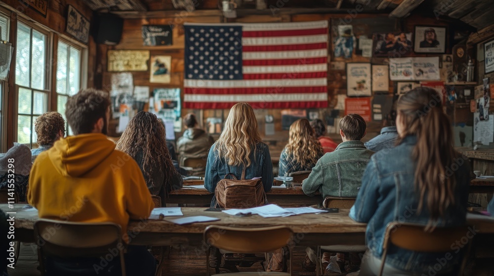 Poster students attending at class rustic background