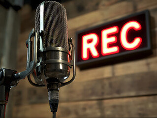 professional microphone in modern recording studio with REC sign