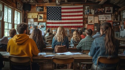 Naklejka premium Students attending at class rustic background