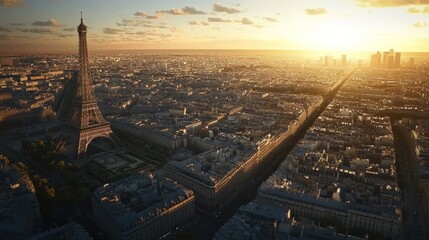 Aerial view of Paris at sunset, featuring the Eiffel Tower and city skyline.