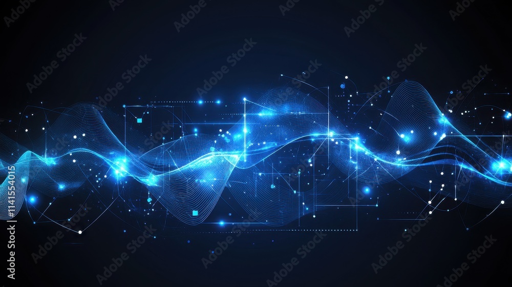 Poster abstract blue digital wave with light particles and data elements